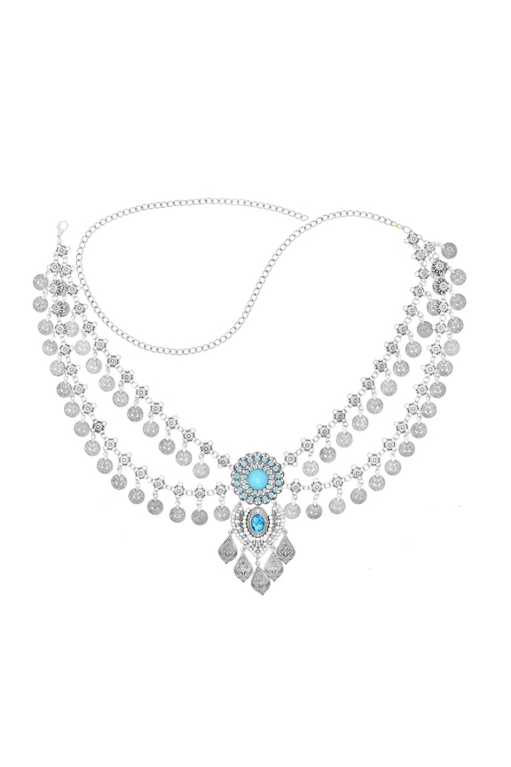 Woeoe Boho Head Chain Jewelry Silver Retro Flower Headpiece Coin Vintage Belly Dance Prom Costume Hair Chains Accessories for Women and Girls