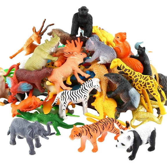 Wofair 53 Piece Mini Jungle Farm Animals Toys Set, Forest Small Realistic Wild Animals Action Figures Vinyl Plastic Animal Learning