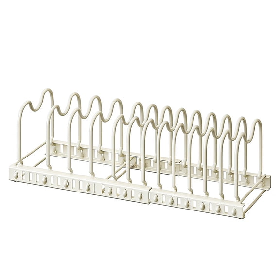 Wofarmy Expandable Pot And Pan Organizer Rack With 13 Adjustable Dividers for Kitchen Space Saving Storage for Plates Bowls Cookware White