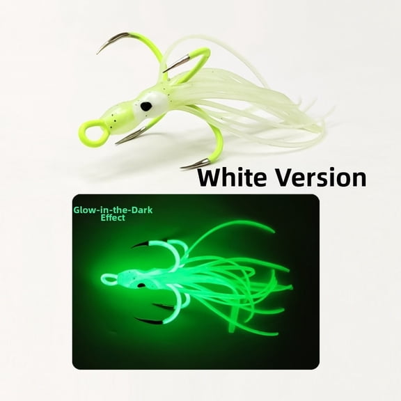 Wofarmy Glow In The Dark Silicone Squid Lure With 4 Prong Hooks for Sea Fishing Boat White 16#