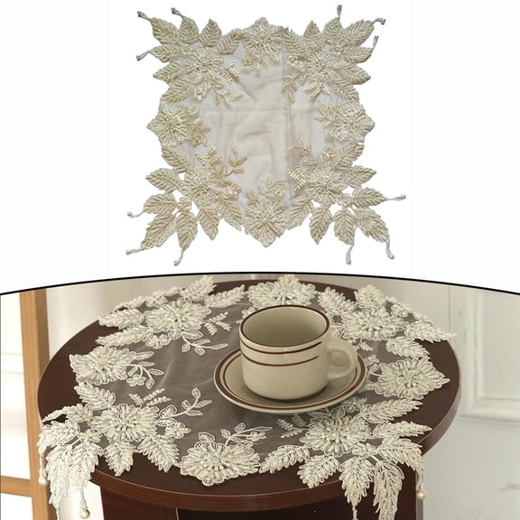 Wofarmy Handmade Embroidery Beaded lace Doilies,Decor Mat for Coffee Table Flower Vase Beige Square 40cm