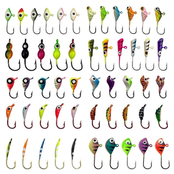 Wofarmy Ice Fishing Jig Hooks 53 Pcs Set Glow In The Dark Barbed Hooks with Electrolytic Weight for Improved Sinking And Secure Hooksets