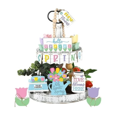 Wofeyda Charcuterie Boards Hello Spring Tiered Tray Decor Lucky Wooden Table Signs Green Gnome Block Party Wood Table Centerpieces with Holder for Spring Home Holiday Decor Cedar (Clearance)