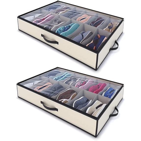 Woffit 12 Pair Under Bed Shoe Storage Organizer Box, Beige, Set of 2