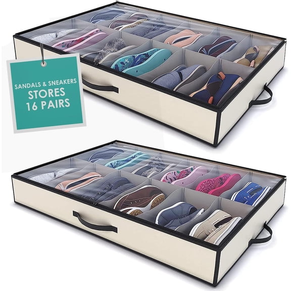 Under Bed Shoe Storage Organizer  Set of 2 Large Containers, Each Fit 12 Pairs of Shoes  Sturdy Box w/Strong Zipper & Handles  Underbed Organizers for Kids & Adults