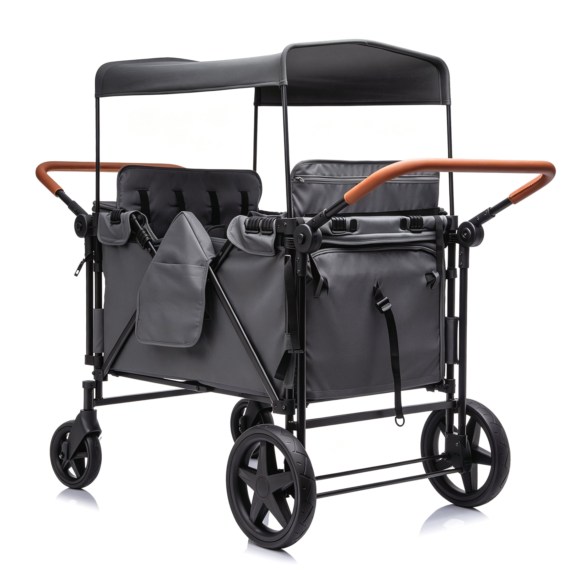 Wogan Stroller W/removble 4-Seater, Extra-Thick Support Bar & Higher 212 Load Capacity, Multi-Zone Storage, 5-Point Harness,Dual Leather Handles,All-Terrain PU Wheels w/ Suspension & One-Step Brake