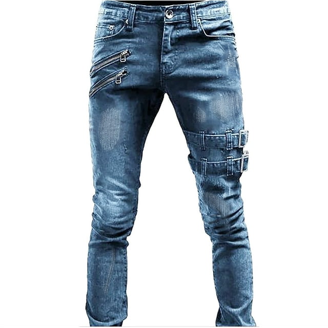 Woguoer Men's Denim Jeans Casual Fashion Straight Leg Jean Holes Zipper ...