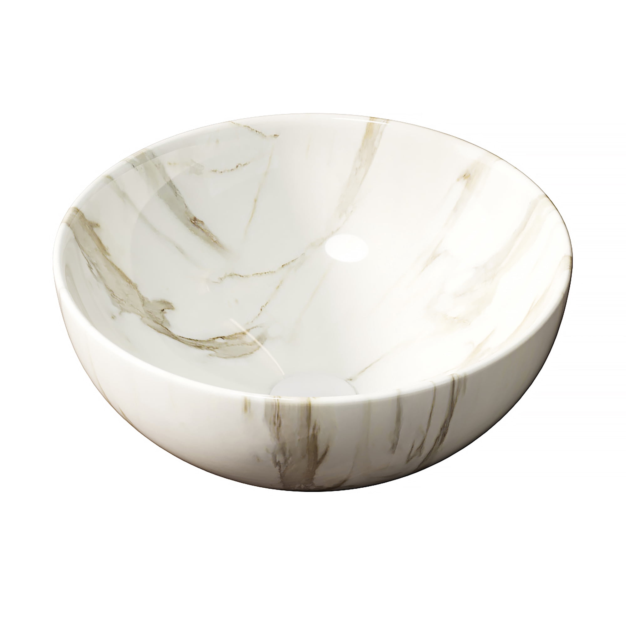 Wohh 14 Inch Bowl Shape Bathroom Sink with Marble Pattern, Small White Ceramic Integrated Countertop Vessel Sink, 14.17 x 5.51 Inch Durable Porcelain Vanity Basin for Vanity Storage Cabinet Use