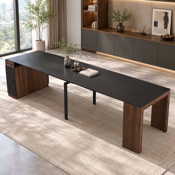 Wohh 23.62 to 118.11inch Extendable Dining Table with Outlet, Space Saving Modern Multifunctional Expanding Table with Storage for Party, Weddings, Meetings, Celebrations(Black)