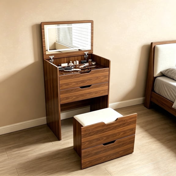 Wohh 23.62inch Vanity Desk with Mirror and White Stool Set, 3-in-1 Flip Top Makeup Vanity Table with LED Lights, Compact Dressing Table for Bedroom & Small Spaces