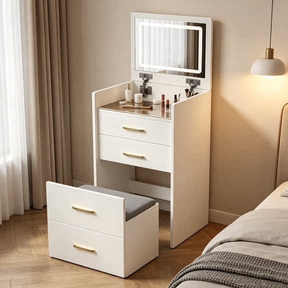 Wohh 3 in 1 White Vanity Desk with Glass Top & Flip Mirror, Compact Makeup Table & Nightstand Combined, Small Corner Dressing Table Set with 3 Storage Drawer & 1 Cushioned Stool for Bedroom Furniture