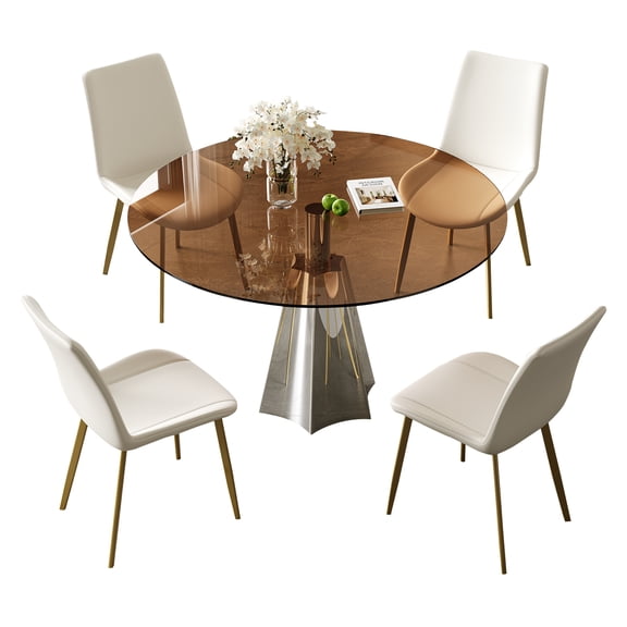 Wohh 35 Inch Round Dining Table and 4 Chair Set, 5-Piece with Tempered Black Glass Top, Silver Flared Base & White Ergonomic Chairs for Small Space, Kitchen, Living Room