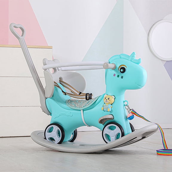 Wohh 4-in-1 Rocking Horse Toddler Ride On Toy, Balance Bike with Handle & Backrest for 1-3 Year Olds, Indoor Outdoor Baby Rocker Birthday Gift for Boys Girls,Kids Activity Center(Blue)
