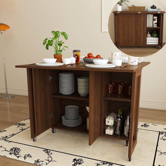 Wohh 41 Inch Foldable Dining Table with 4 Storage Shelves, 3 in 1 Multi Functional Side Table Desk Console for Small Kitchen Apartment Dorm(Walnut color)