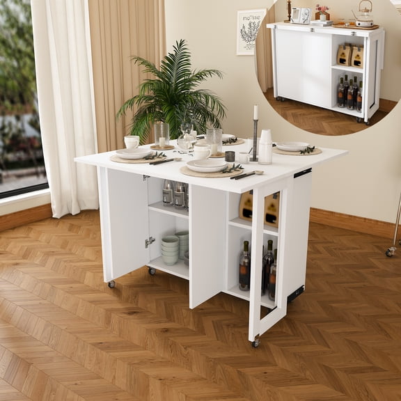 Wohh 41 Inch Foldable Dining Table with 4 Storage Shelves, 3 in 1 Multi Functional Side Table Desk Console for Small Kitchen Apartment Dorm(White)