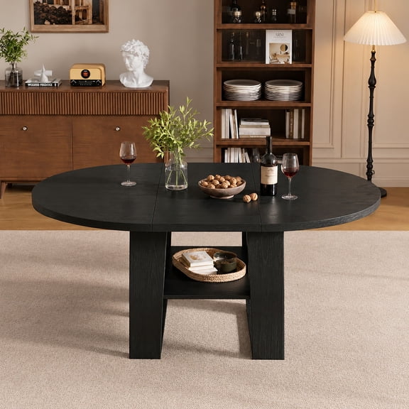 Wohh 43.3"-59" Extendable Round Dining Table for 4-6, Round-to-Oval Kitchen Table with Built-In Flip-Up Extension Leaf, Stable H-Shaped Base and Storage Shelf, Black