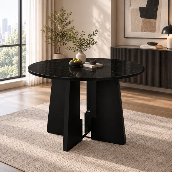 Wohh 43 Inch Round Dining Table for 4, Faux Marble Top Mid Century Modern Kitchen Table for Cafe, Bar, Office, Small Conference(Black)