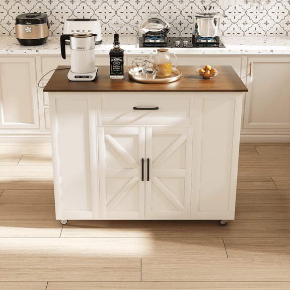 Wohh 46 Inch Kitchen Island on Wheels with Power Outlet, Kitchen Cart with Storage & Adjustable Shelf, Mobile Island Table with Drawers, White Breakfast Bar for Kitchen Dining Room Living Room