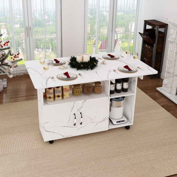 Wohh 47 Inch Folding Dining Table with Storage Shelves & Wheels, Multifunctional Kitchen Desk for Small Spaces, Compact Mobile Computer Desk for Home Office, Dorm, Adjustable Foldable Study Table