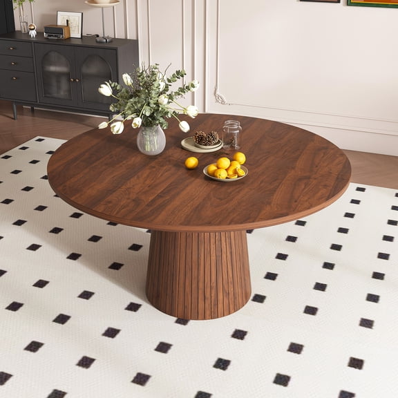 Wohh 47 inch Round MDF Dining Table for 4, Modern Farmhouse Kitchen Table with Wood Strip Base, Walnut Finish Circle Table for Kitchen and Living Room