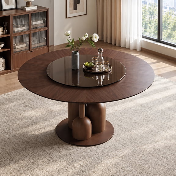 Wohh 59-inch Natural Oak Wabi-Sabi Round Dining Table with 35-inch Tempered Glass Lazy Susan, Handcrafted Japanese Style Sculptural Table for Living Room & Restaurant