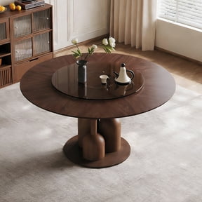 Wohh 59-inch Natural Oak Wabi-Sabi Round Dining Table with 35-inch Tempered Glass Lazy Susan, Handcrafted Japanese Style Sculptural Table for Living Room & Restaurant
