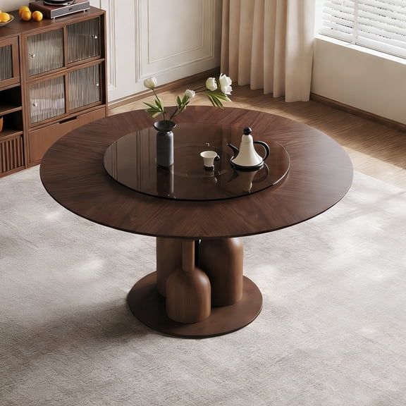 Wohh 59-inch Natural Oak Wabi-Sabi Round Dining Table with 35-inch Tempered Glass Lazy Susan, Handcrafted Japanese Style Sculptural Table for Living Room & Restaurant