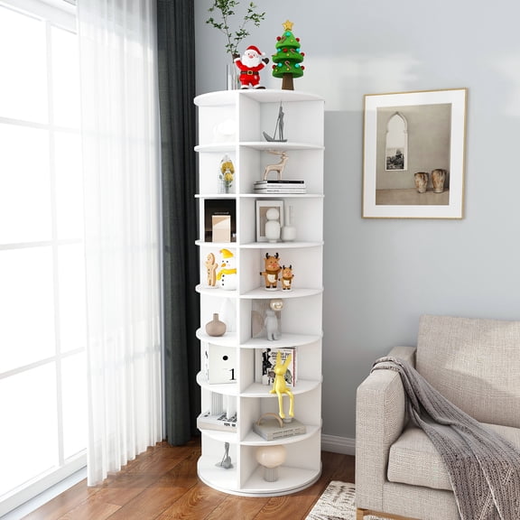 Wohh 8-Tier Rotating Shoe Rack Tower, White 360° Lazy Susan Spinning Shoe Organizer, Freestanding PVC Storage Shelf for 32 Pairs, Space Saving Closet & Entryway Organizer