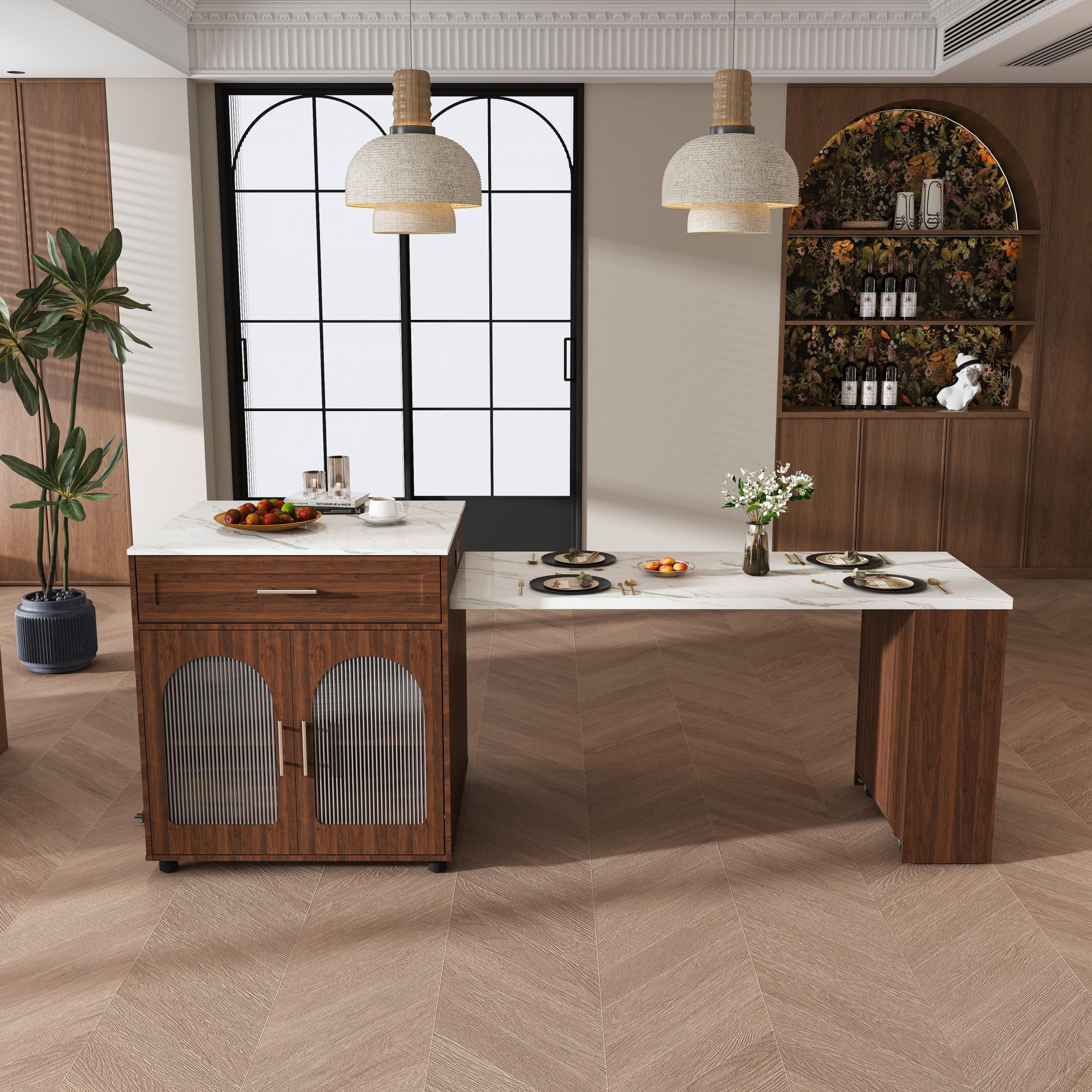 Wohh 80 Inch Extendable Kitchen Island with Marble-patterned Top & Dining Table, Expandable Rolling Cart with Power Outlet, Mobile Storage Cabinet for Small Spaces