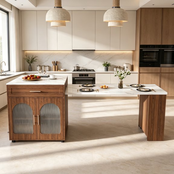Wohh 80 Inch Extendable Kitchen Island with Marble-patterned Top & Dining Table, Expandable Rolling Cart with Power Outlet, Mobile Storage Cabinet for Small Spaces