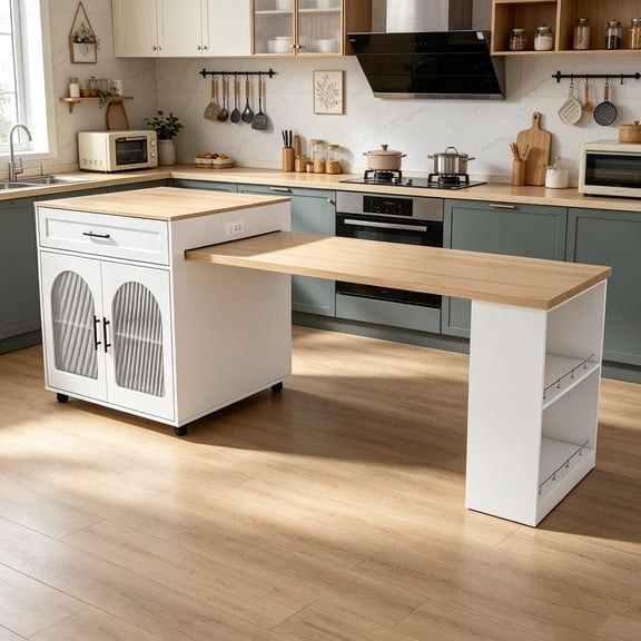 Wohh 80" Kitchen Island with Extendable Dining Table, Solid Wood Grain Countertop with Power Outlet, Rolling Kitchen Cart with Storage Cabinet & 2 Drawers for Dining Room House Bar,White