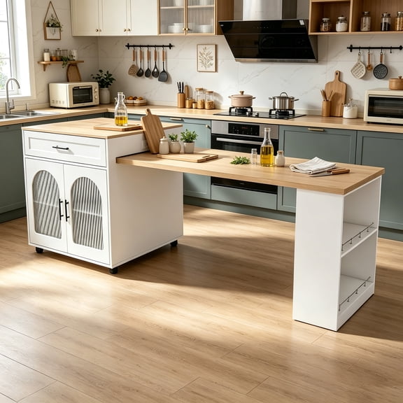 Wohh 80" Kitchen Island with Extendable Dining Table, Solid Wood Grain Countertop with Power Outlet, Rolling Kitchen Cart with Storage Cabinet & 2 Drawers for Dining Room House Bar,White