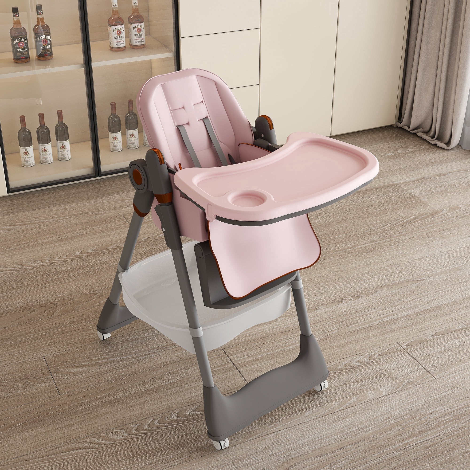 Wohh Adjustable Baby High Chair for 6M-6Y, Space Saving Foldable Infant Dining Seat w/ 5 Heights & 3 Recline, 2-Layer Removable Tray & Cushion, Portable Toddler Booster(Pink)