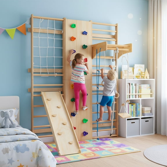 Wohh All-in-One 10-in-1 Indoor Climbing Set - Featuring a Rock Climbing Wall, Wooden Swings, Gymnastic Rings, Rope Ladders, and Stretching Equipment for a Home Fitness Playground