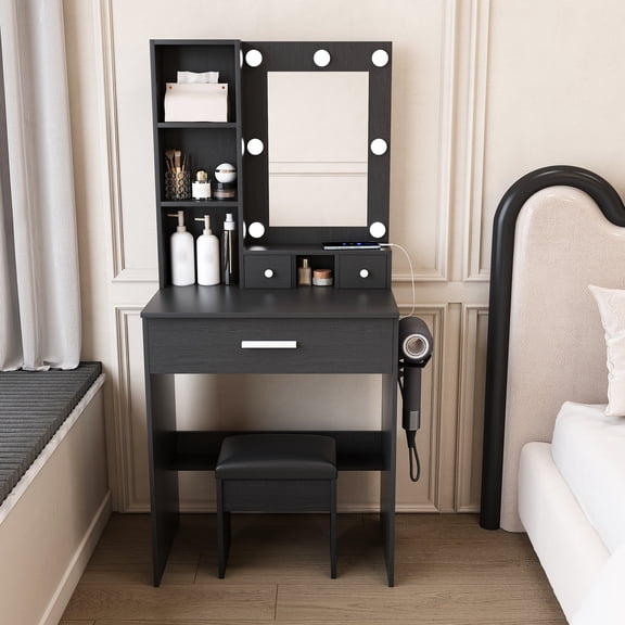 Wohh Black Makeup Vanity Desk with LED Lighted Mirror, Compact Dressing Table Set with Power Outlet, Hair Dryer Holder & Stool, Space-Saving Vanity Table for Small Bedroom