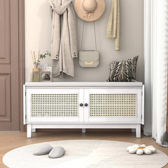Wohh Boho Rattan Entryway Bench with Storage, Cushioned Shoe Bench with Double Doors, Wooden Shoe Organizer Bench for Entryway and Hallway,Beige