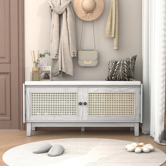 Wohh Boho Rattan Entryway Bench with Storage, Cushioned Shoe Bench with Double Doors, Wooden Shoe Organizer Bench for Entryway and Hallway,Grey