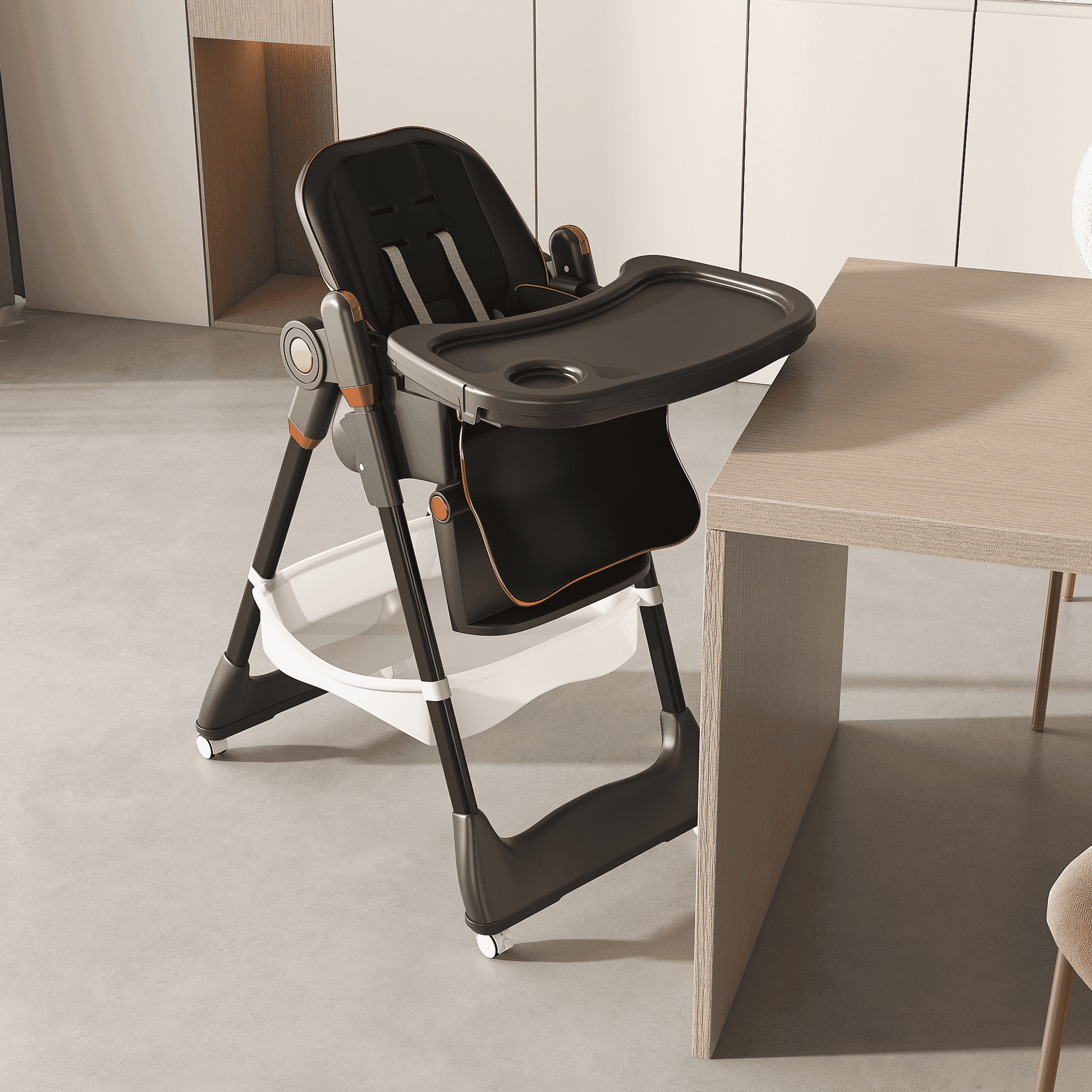 Wohh Convertible Baby High Chair for 6M-3Yrs, Portable Folding Toddler Dining Seat with Soft Cushion,5 Height & 3 Recline & 4 Dining Tray & Removable Double Tray(Black)