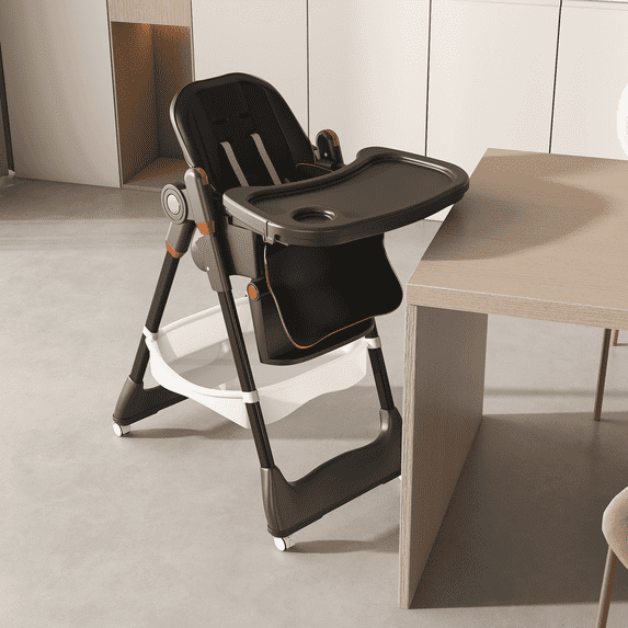 Wohh Convertible Baby High Chair for 6M-3Yrs, Portable Folding Toddler Dining Seat with Soft Cushion,5 Height & 3 Recline & 4 Dining Tray & Removable Double Tray(Black)