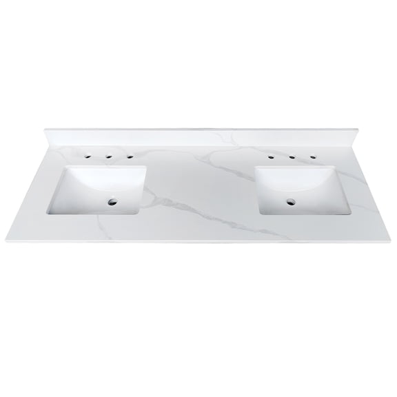 Wohh Double Sink Vanity Top 61 x 22 Inch with 4" Backsplash & 2 Undermount Single Center Sinks, Calacatta White Quartz 3/4" Thick Bathroom Countertop Pre-drilled 6 Faucet Holes
