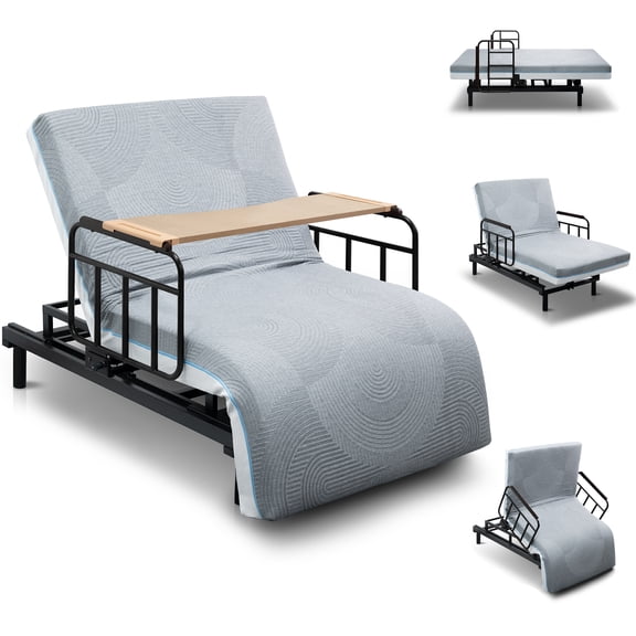 Wohh Electric Adjustable Lift Bed for Elderly & Limited Mobility – Wired Control, Back & Leg Tilt, Safety Side Rails, Detachable Table, Heavy-Duty Steel Frame for Home & Care,Blue