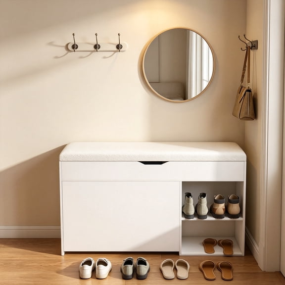 Wohh Entryway Bench with Shoe Storage, Modern White Hallway Storage Bench with Cushioned Seat, 3-Tier Rotating Shoe Rack & Lift Top Hidden Cabinet, Space Saving Shoe Organizer for Living Room
