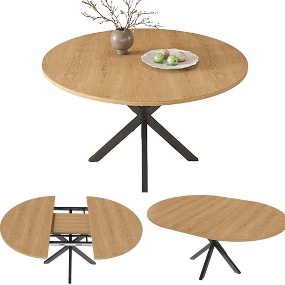 Wohh Extendable Round Dining Table for 2-6 Person, 43 to 58 Inch Oak Finish Expandable Table with Carbon Steel Base, Modern Space Saving Dining Room Furniture