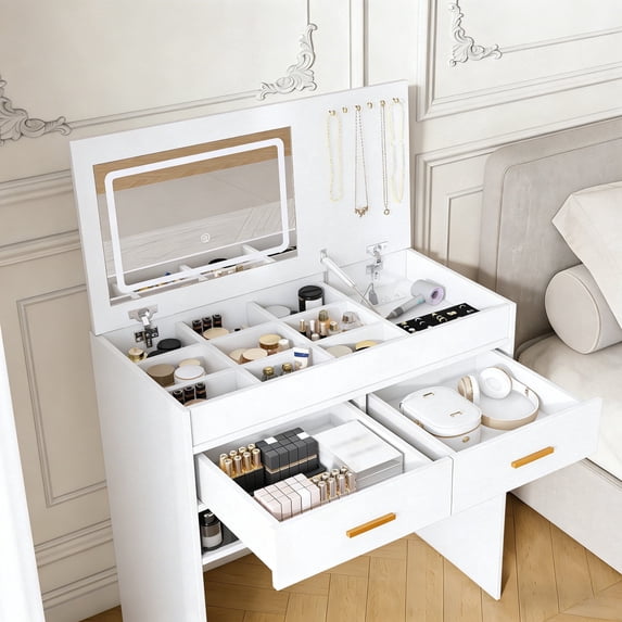 Wohh Flip-Top Vanity Desk with LED Mirror & Power Outlet, Space Saving Makeup Table with 2 Drawers & Open Storage,Jewelry Hooks,Adjustable Light,Bedroom White Dressing Table(No Stool Included)