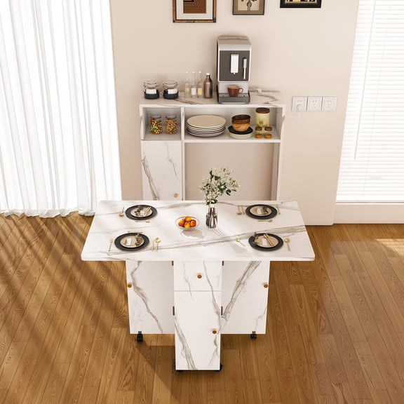 Wohh Fold Down Dining Table with Wall Mounted Sideboard, Space Saving Expandable Kitchen Table with Storage Cabinet and Power Outlet, for Small Apartment, White