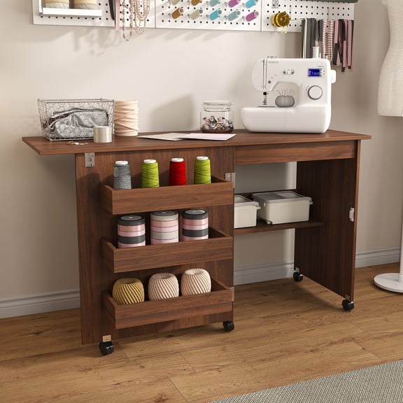 Wohh Folding Sewing Table with Locking Wheels 45.67",4-in-1 Craft Cabinet Sewing Machine Cart with Storage Shelves,Rolling Sewing Workstation Side Table Computer Desk Kitchen Organizer for Apartment