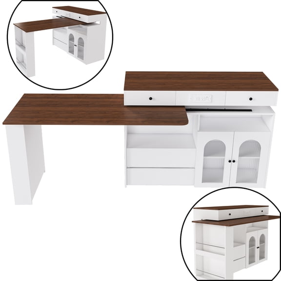 Wohh Kitchen Island Cart with Extendable & Rotating Tabletop, MDF Utility Island with Walnut Veneer, 4 Drawers & Glass Door Cabinet, Built-in Power Outlet, White Kitchen Prep Station for 2-4 People