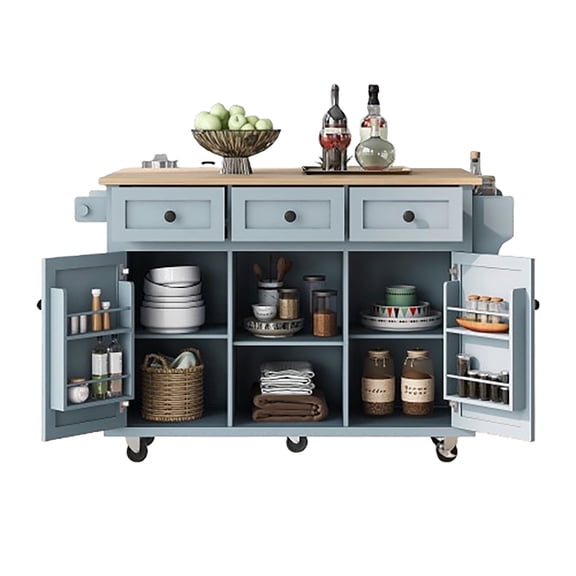 Wohh Kitchen Island Cart with Rubber Wood,Foldable Rolling Mobile Island Table with Storage Cabinet, 3 Drawers & Adjustable Shelves, Towel Rack, Spice Rack for Dining Room, Small Kitchen(Blue)