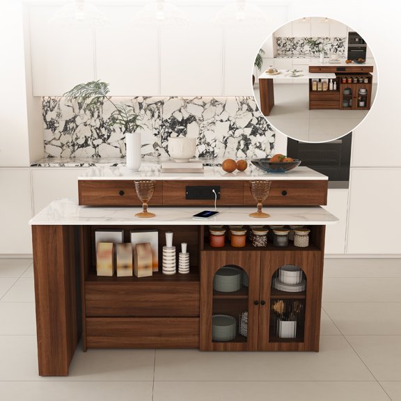 Wohh Kitchen Island with Extendable & Rotating Table, MDF with Walnut Veneer Retro Design, 4 Drawers & Glass Door Cabinets with Built-in Socket, Expandable Dining Station for 2-4 Person (Walnut)