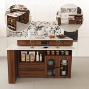 Wohh Kitchen Island with Extendable & Rotating Table, MDF with Walnut Veneer Retro Design, 4 Drawers & Glass Door Cabinets with Built-in Socket, Expandable Dining Station for 2-4 Person Walnut